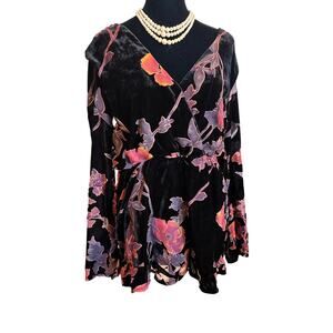 Honey Punch Floral Velvet V-Neck Long Sleeve Romper Whimsigoth Coquette